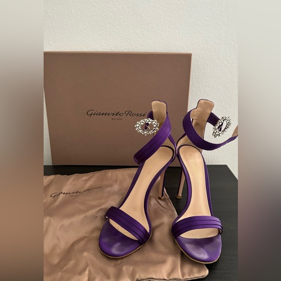 Gianvito Rossi Purple Satin Crystal Heels | Ankle Strap Sandals with Box - Picture 2 of 10